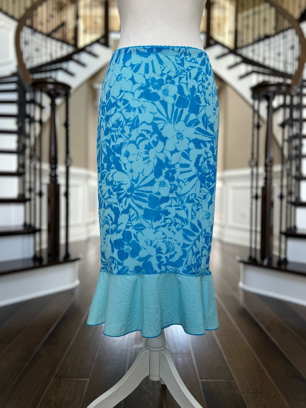 Vintage Y2K Express NWOT Blue Floral High-Low Mesh Midi Skirt Ruffle Hem S